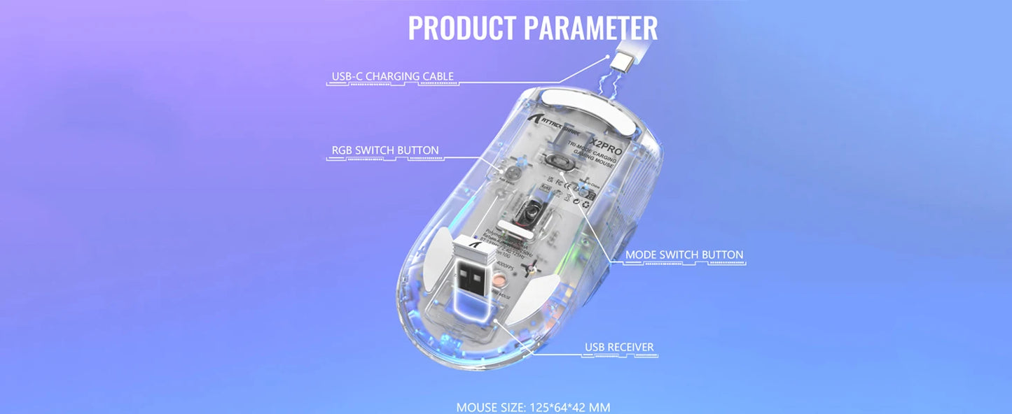 ATTACK SHARK X2Pro Wireless Gaming Mouse with RGB Charging Dock,Tri-Mode Mute Mouse RGB Backlit,Transparent Shell,PixArt 3212